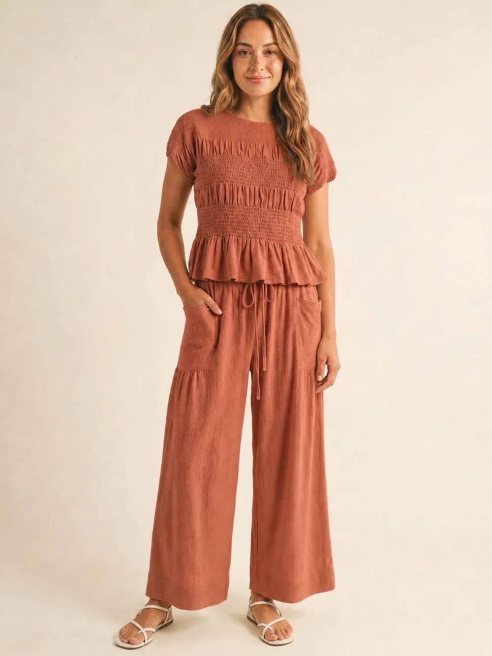 NWT Loma Smocked Peplum Top & Wide Leg Pants Set, Rust, Size Large